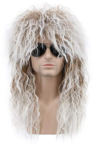 karlery Men and Women Long Curly Brown Gradient White Wig 70s 80s Rocker Mullet Party Funny Wig Costume Wig