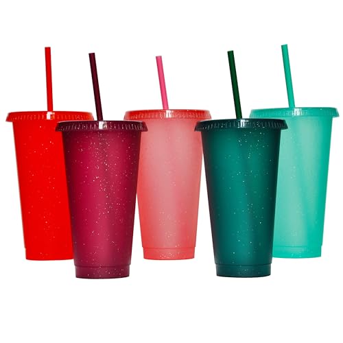 Suertestarry Tumbler with Straw and Lid,Water Bottle Iced Coffee Travel Mug Cup,Reusable Plastic Cups,Perfect for Parties,Birthdays,24oz-5 Pack（Rainbow Glitter