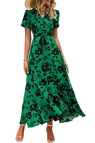 PRETTYGARDEN Women's Summer Wrap Maxi Dress Casual Boho Floral V Neck Short Sleeve Ruffle Hem Split Beach Long Dresses (Green Floral,Large)