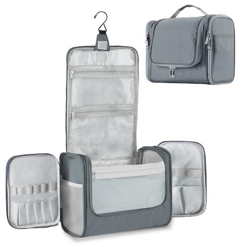 Buruis Large Capacity Toiletry Bag for Women and Men, Hanging Toiletry Organizer Cosmetics Makeup Bag, Water-resistant Dopp kit Shaving Bag for Full Sized Toiletries, Travel Essentials (Gray)