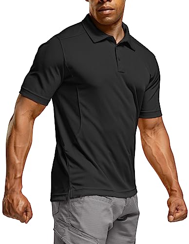 CQR Men's Polo Shirt, Long and Short Sleeve Tactical Shirts, Dry Fit Lightweight Golf Shirts, Outdoor UPF 50+ Pique Shirt, Frost Essential Black, Small