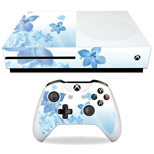 MightySkins Glossy Glitter Skin for Microsoft Xbox One S - Blue Flowers | Protective, Durable High-Gloss Glitter Finish | Easy to Apply, Remove, and Change Styles | Made in The USA