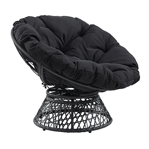 OSP Home Furnishings Wicker Papasan Chair with 360-Degree Swivel, Grey Frame with Black Cushion