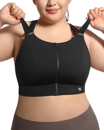 VFUS Zip Front Adjustable High Impact Sports Bras for Women Large Breasts Full Coverage Workout Running Removable Pads (Large, Black)