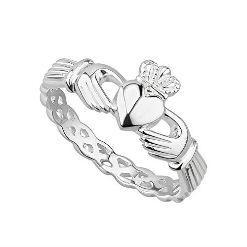 Irish Claddagh Ring for Women 925 Sterling Silver with Braided Band, Traditional Friendship Ring, Love, Marriage, Engagement, Celtic Jewelry from Ireland, Size 8.5