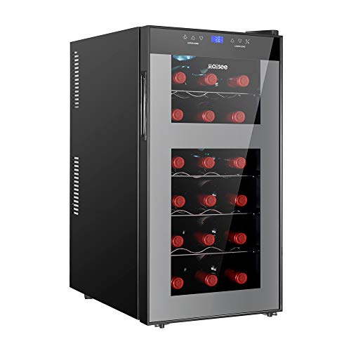 maisee Wine Fridge Dual Zone,18 Bottles Wine Cooler Refrigerator Chiller Upper Zone 46f-54f Lower Zone 54f-65f for Red White Wine Champagne in Home Office Bedroom Countertop （18 Bottles,Black