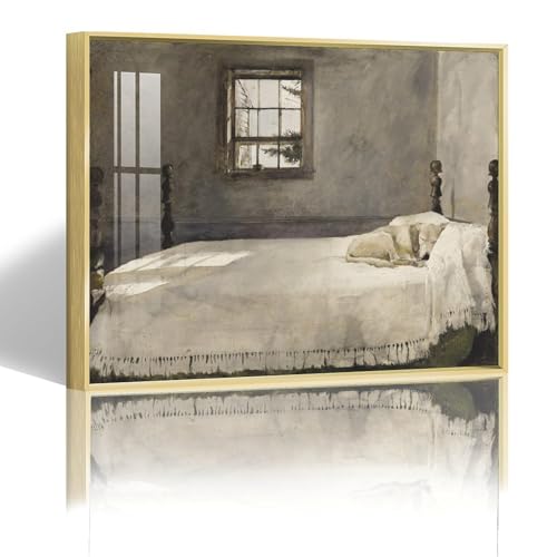 Master Bedroom by Andrew Wyeth Poster Canvas Artwork Prints Rustic Farmhouse Decorations for Living Room Bathroom Bedroom Ready to Hang Framed Golden 16x24inch(40x60cm)