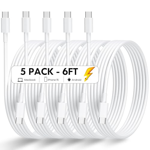 USB C Charger Cable USB C to USB C Cable(5Pack, 6ft, 60W/3A)iPhone 15 Charger Cable Fast Charging for iPhone 15 Pro Max Plus,iPad Mini 6/ Pro 2021,iPad Air 4,MacBook Pro 2020,Samsung Galaxy S23 Switch