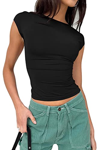 EFAN Women's Backless Tops Seamless Tee Summer 2024 Trendy Going Out Short Sleeve Crop Tops Open Back Y2k Shirts Cute Spring Tops Casual Fashion Clothing Teen Girls Black