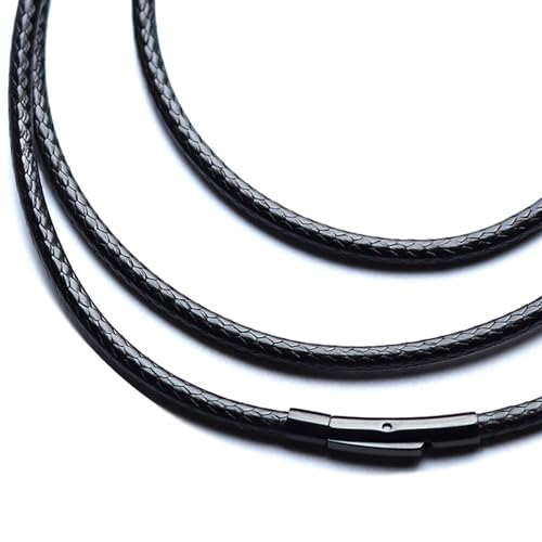 IOYYIO Flexible Waterproof Braided Leather Necklace Cord Chain for Men Women, 2MM/3MM Rope Chain for Pendant 16' 18' 20' 22' 24' 26' 28' 30' 32' (Gift Box)
