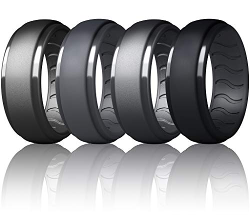 Dookeh Breathable Mens Silicone Wedding Rings, Rubber Ring Bands For Men, Black Blue Camo Engagement Band, Best for Workout, 1-4-7 Pack (W3-Titanium,Dark Gray,Cast Iron,Black, 12)