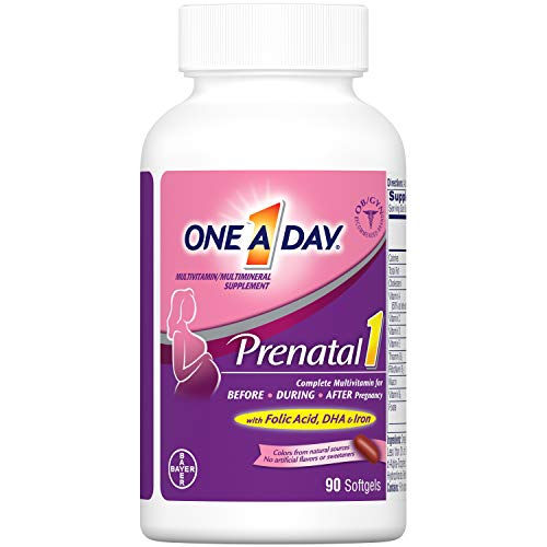 ONE A DAY Women's Prenatal 1 Multivitamin, Supplement for Before, During, and Post Pregnancy, Including Vitamins A, C, D, E, B6, B12, and Omega-3 DHA, 90 Count (Packaging May Vary)