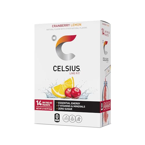 CELSIUS On-the-Go Powder Sticks Cranberry Lemon, Essential Energy 2.6 Oz (14 Sticks per Pack)