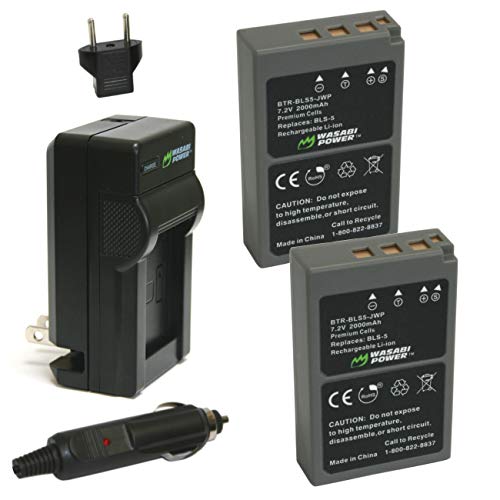 Wasabi Power Battery (2-Pack) & Charger for Olympus BLS-5, BLS-50, PS-BLS5, BLS-1, PS-BLS1, E-420, E-450, E-600, E-620, Pen E-P1, E-P2, E-P3, E-PL1, E-PL3, E-PM1, OM-D E-M10 Mark II, III, IIIs, IV
