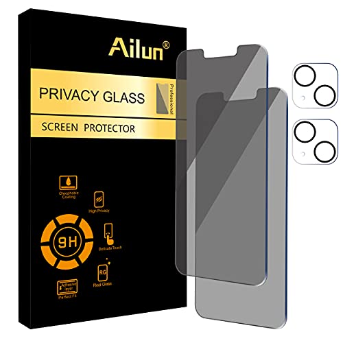 Ailun 2Pack Privacy Screen Protector for iPhone 13 [6.1 inch] + 2 Pack Camera Lens Protector, Anti Spy Private Tempered Glass Film,[9H Hardness] - HD [Black][4 Pack]