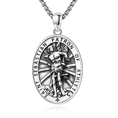 DOTBJ 925 Sterling Silver Saint Sebastian Pendant Necklace, Catholic Patron St Sebastian Medal Gift for Men Women With Strong Stainless Steel 3mm 22+2 inches Rolo Chain.