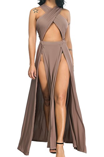 Velius Women Sexy Hollow Out Halter Wrap Sleeveless Plain Pleated Slit Casual Long Maxi Dress (Medium, Apricot)