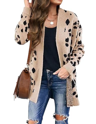 ZESICA Women's 2024 Fall Winter Long Sleeves Open Front Leopard Print Knitted Sweater Cardigan Coat Outwear,A Beige,Medium