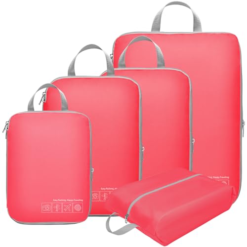 Cambond Compression Packing Cubes for Travel, 5 Pack Luggage Expandable Packing Organizers Compression Cubes for Suitcases with Shoe Bag (Pink, Shoe Bag)
