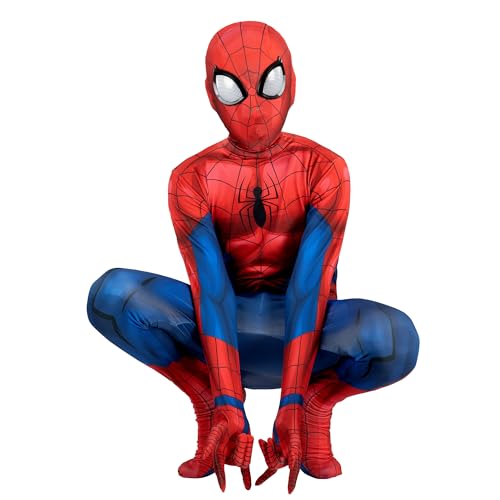 Marvel Spider-Man Official Youth Deluxe Zentai Suit - Spandex Jumpsuit with Printed Design and Detachable Spandex Mask and Plastic Eyes