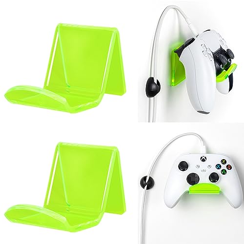 OAPRIRE Universal Controller Holder Wall Mount 2 Pack, Acrylic Controller Stand Gaming Accessories with Cable Clips, Build Your Game Fortresses (Fluorescent Green)