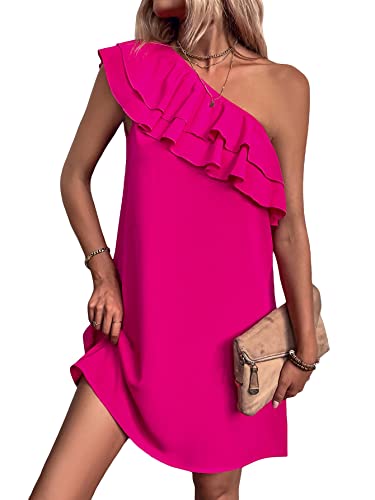 Floerns Women's One Shoulder Tiered Layered Sleeveless Ruffle Trim Tunic Dress A Hot Pink L