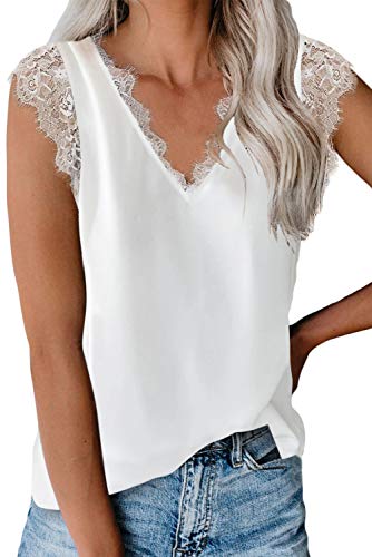lime flare Women Sexy V Neck Lace Trim Satin Cami Tank Tops Dressy Silk Summer Tee Shirt Camisole (Cream Eyelash Lace,Small)