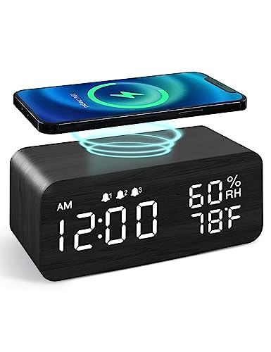 JALL Wooden Digital Alarm Clock with Wireless Charging, Dimmable, Adjustable Volume, 3 Alarms, Weekday/Weekend Mode, Snooze, Digital Clock for Bedroom, Bedside, Office (Black)