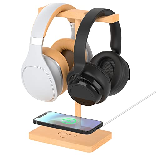 ForTidy Headphone Stand Wood for Desk with Wireless Charger Gaming Headset Stand Holds Dual Universal VR Headset and Smart Watch,Support 15W Fast Charging, Type-C Cord Included, Beech