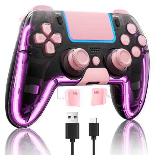 BRHE Wireless Controller forPS4 with Hall 3D Joysticks/RGB LED Lights/Programming Funtion,Pink PS4Controller Remote Joystick Gamepad,Game Controller for PS4/Slim/Pro