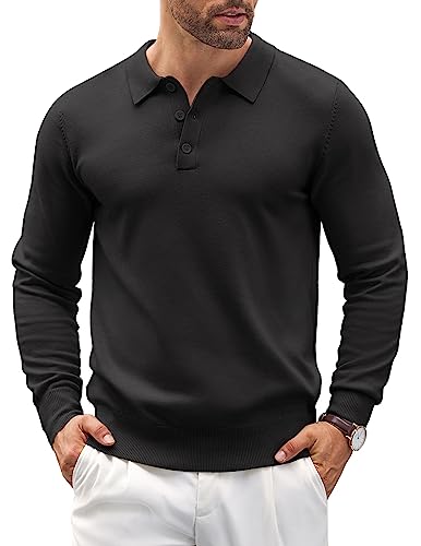 COOFANDY Mens Polo Shirts Quarter Neck Pullover Long Sleeve Knit Lightweight Sweater Black
