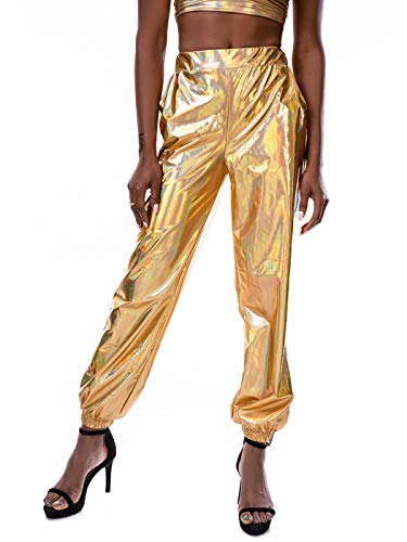 SIAEAMRG Womens Shiny Metallic High Waist Stretchy Jogger Pants, Wet Look Hip Hop Club Wear Holographic Trousers Sweatpant (Gold, M)