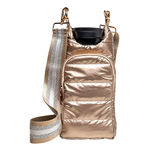 WanderFull Crossbody HydroBag | Quilted Water Bottle Carrier & Strap | Stylish Puffer Tote for Water Bottle | Gold Metallic & Interchangable Strap