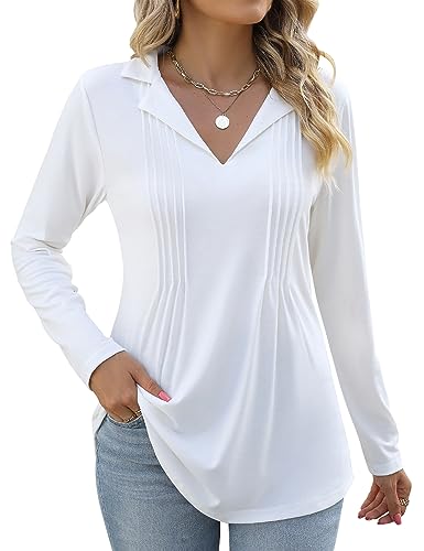 Kistore Women's Polo Tee Shirts 2023 V Neck Long Sleeve Elegant Loose Casual Tunics Collared Business Tops Blouse Fall Clothes White XXL