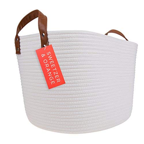 Sweetzer & Orange Large Woven Cotton Rope Storage Basket (Vegan Handles) - Blanket Storage Baskets, Laundry Basket, Toy Storage, Nursery Hamper - Decorative Off White Basket for Living Room