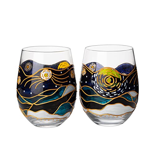 Vincent Van Gogh Wine Glasses Artisanal Hand Painted Stemless Set of 2 Tumblers - Artistic Gift Idea for Her, Him, Birthday, Housewarming - Extra Large Goblets (18.5 OZ) - Gifts for Artists & Friends