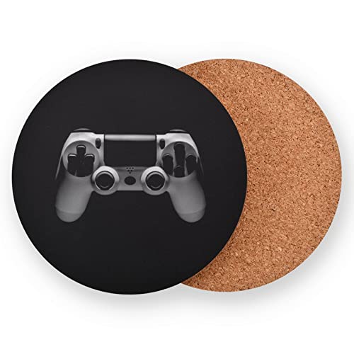 Video Game Joystick Gamepad in Grey Isolated on Black 4 Pcs Tea Wooden Round Coaster Set, Non-Slip Lightweight Wooden Coaster for Party Home Office Kitchen Bar Coffee Table