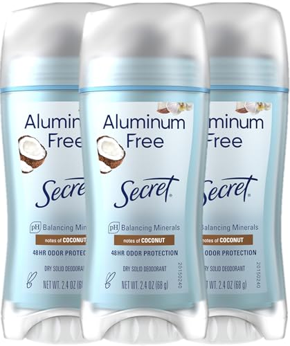 Secret Aluminum Free Deodorant for Women, 48 HR Odor Fighting Protection with Real Ingredients, Coconut, 2.4 oz (Pack of 3)