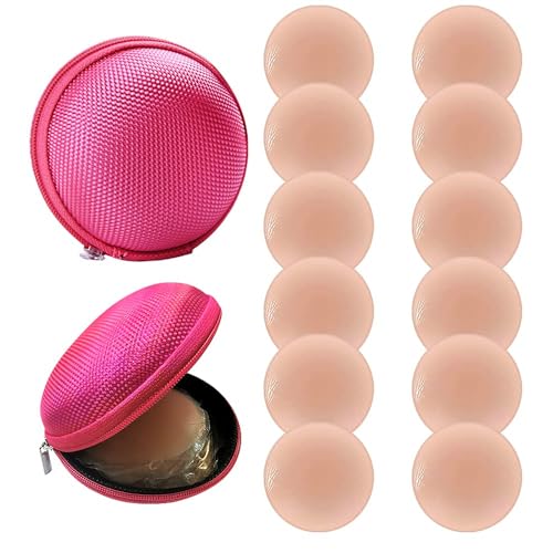 Nipple Covers for women, Rifny Silicone Nipple Covers Reusable Adhesive Invisible, 6 Pairs Nippleless Pasties with Travel Case (6 Round)