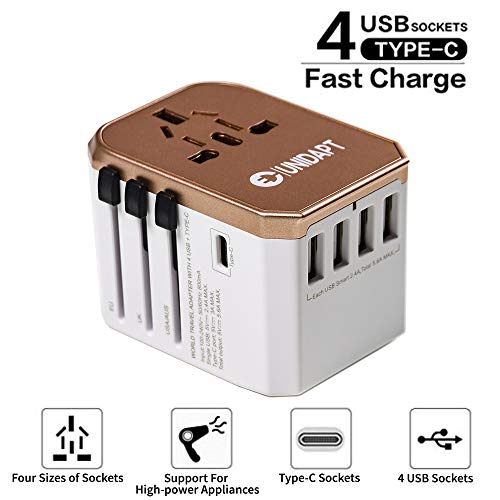 International Plug Adapter, Unidapt Travel Adapter Worldwide - All in one Universal Charger USB Travel Power Adaptor with 5 USB for EU AU UK USA - 160 Countries (Rose Gold)
