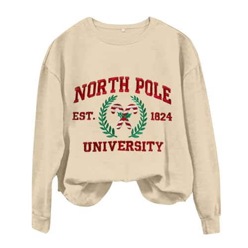 amazon coupons & promo codes Sweatshirts for Women North Pole Est.1824 Printed Crewneck Long Sleeve Shirt Hoodie Pullover Tunic Tops (Beige, XL)