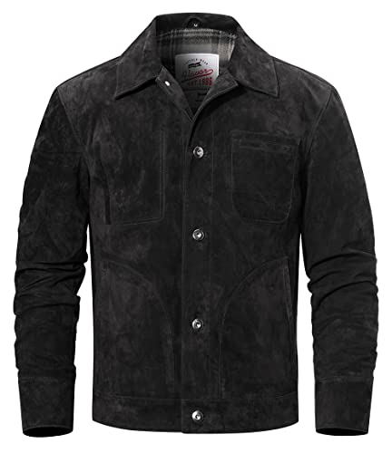 FLAVOR Men's Suede Leather Jacket Trucker Coat (Medium, Black)