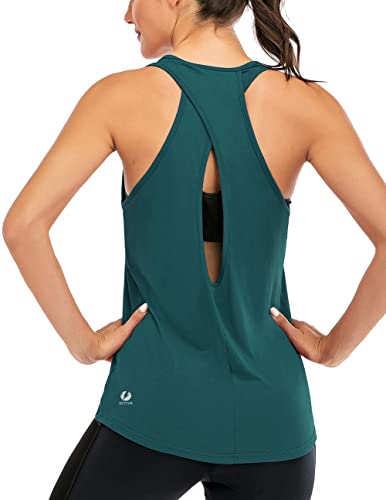 ICTIVE Women's Cross Backless Workout Tank, Yoga & Running Muscle Shirt, Dark Green S