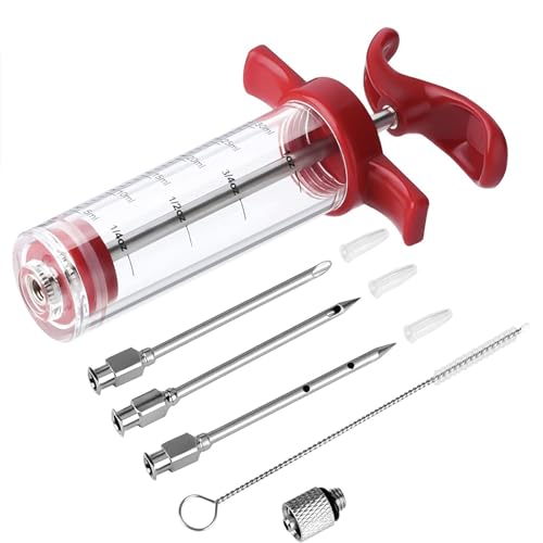 Meat Injector Syringe - 3 Marinade Injector Needles for BBQ Grill, Premium Portable Turkey Injector kit for Smoker,Marinades Injector for Meats With 1oz Large Capacity 1 Brush Easy to Use & Clean Red