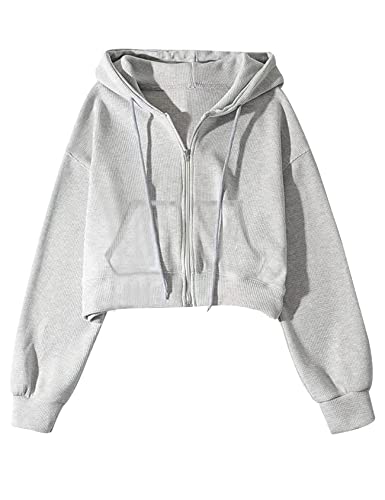 Yimoon Cropped Zip Up Hoodie for Women Waffle Knit Vintage cropped Sweatshirt Casual Long Sleeve Hooded crop jacket(Grey-M)