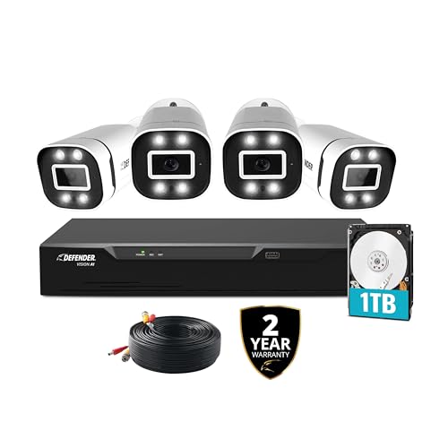 Defender Exclusive Bundle: 4K Vision AI 8MP Artificial Intelligence 4CH Wired System, 4 Cameras, 1TB DVR, 2 Year Warranty, 5 x 60ft. Cables, Human/Vehicle Detection, Color Night Vision, Mobile App