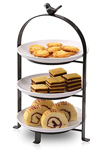 SparkWorks 3 Tiered Cake Stand, Tea Party Serving Platter, Dessert and Cupcake Stand, Metal Tiered Serving Stand includes Three Premium White Stoneware Plates