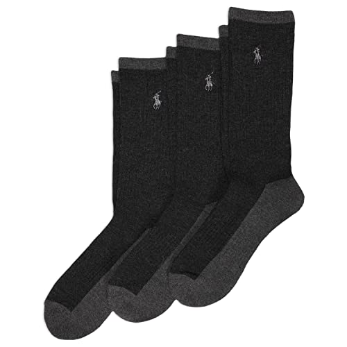 POLO RALPH LAUREN Men's Tri-Color Heather Casual Crew Socks 3 Pair Pack - Arch Support and Comfort Cushioning, Black, 6-12.5