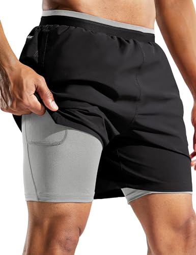 MIER Men Quick Dry Athletic Running Shorts 5In Inseam Active Workout Training Shorts with Liner Pockets, Grey, L