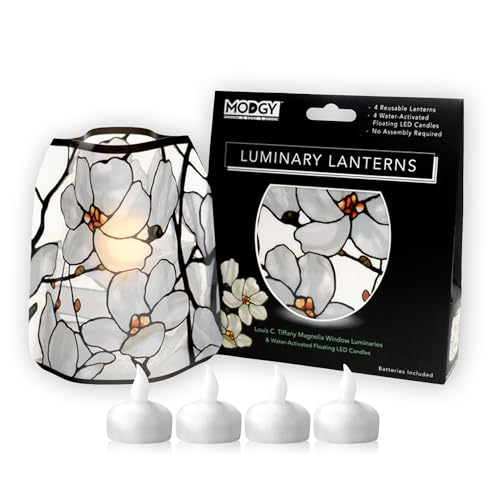 MODGY Luminary Lanterns 4-Pack - Floating LED Candles with Batteries Included - Luminaries are Great for Weddings, Parties, Patios & Celebrations of All Kinds (Louis C. Tiffany Magnolia Window)